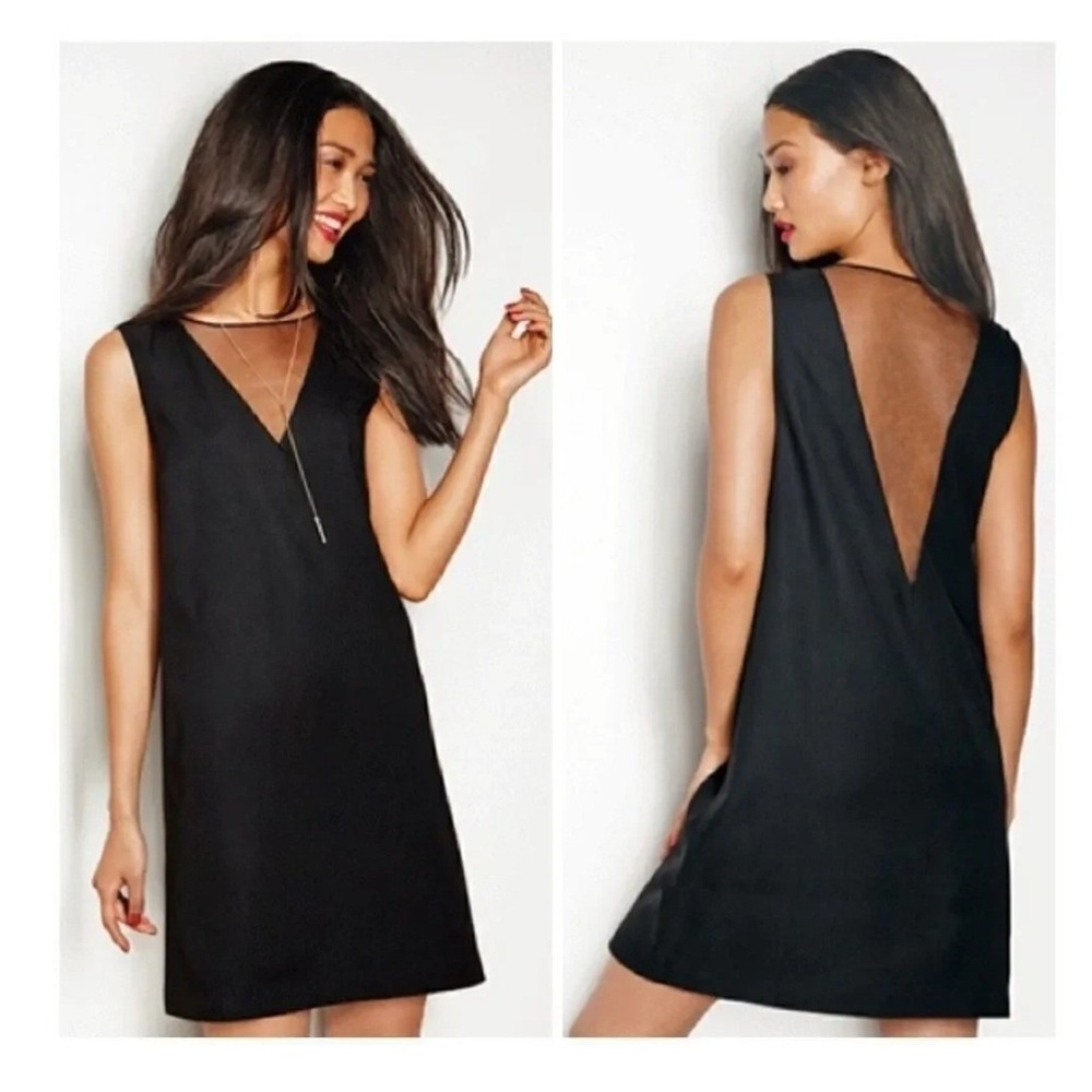 Mark Black Sleeveless V-Neck Mesh Detail Sheath Dress Women Size Large B390